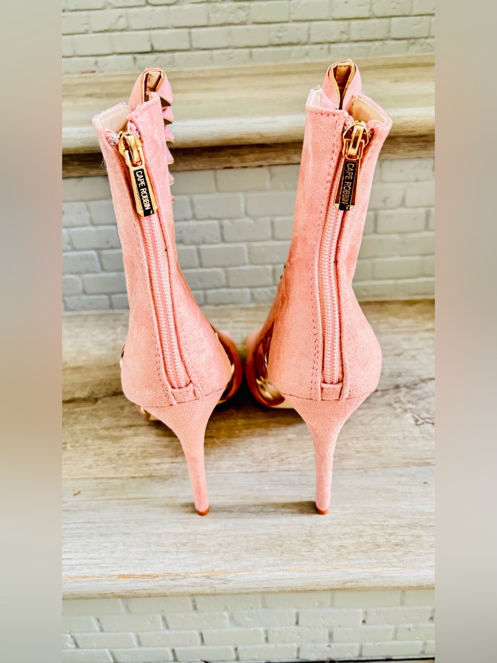 Cape Robbin Rose Gold & Pink Suede Cutout Metallic Peep-Toe Stiletto Booties NEW - Picture 4 of 16